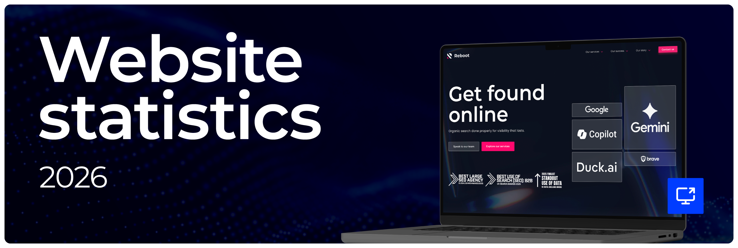 Feature image with the title Website Statistics 2026 and a screenshot of the Reboot Online website