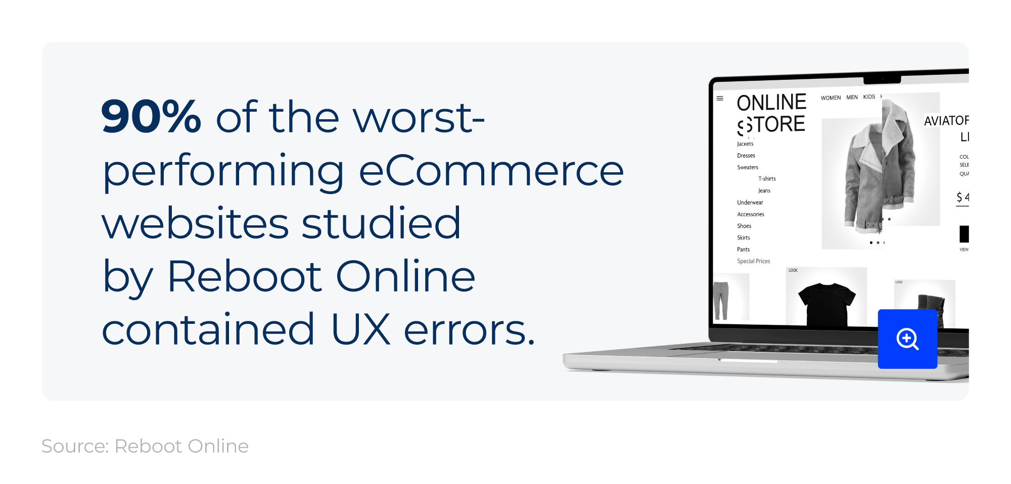 Mini infographic showing the percentage of eCommerce websites that contained UX errors next to an image of a laptop with a web page that hasn't loaded properly
