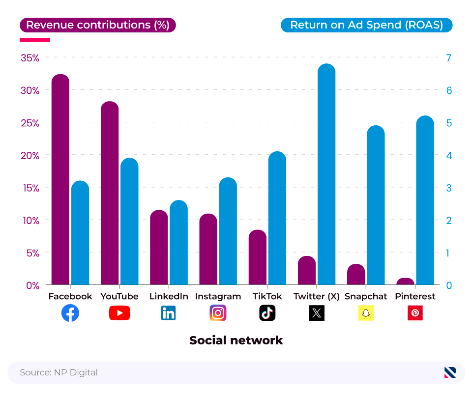 Comparative bar chart showing revenue contributions and average return on ad spend (RoAS).