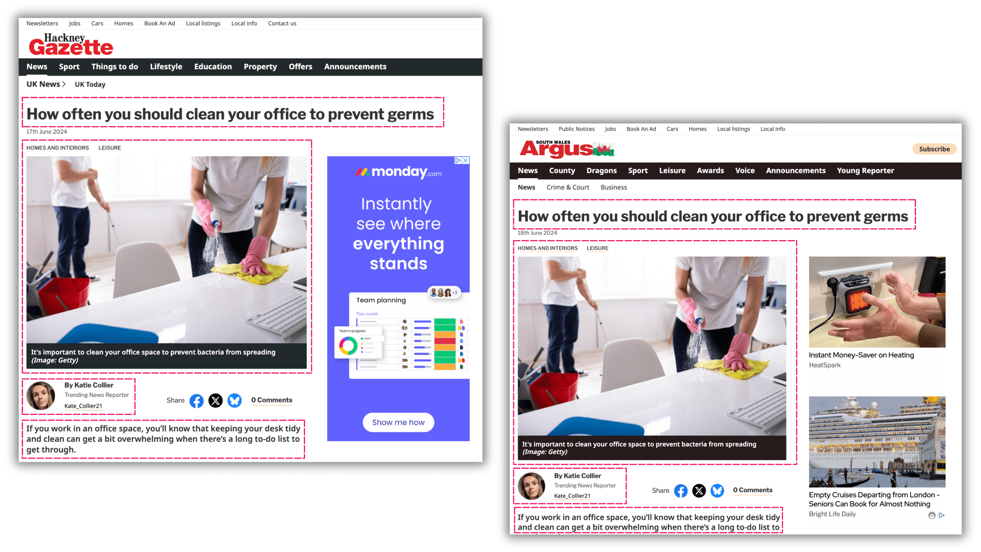 Screenshots side by side of two pieces of syndicated coverage, showing how similar they are/were.